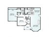 2-bedroom/1-bathroom floor plan layout with 1,049 square feet at Chace Lake Villas apartments for rent in Birmingham, AL